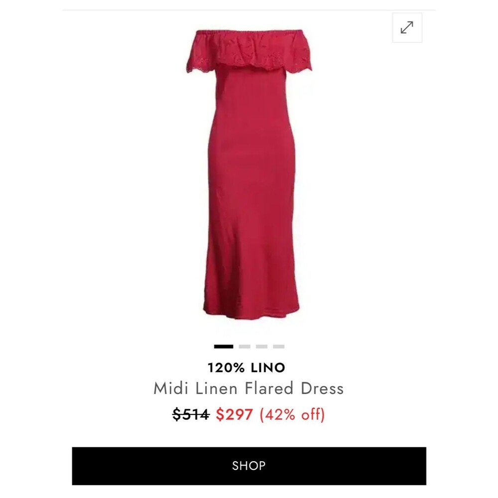 120% Lino Pink Off-Shoulder Midi Linen Dress sz 42 or Medium